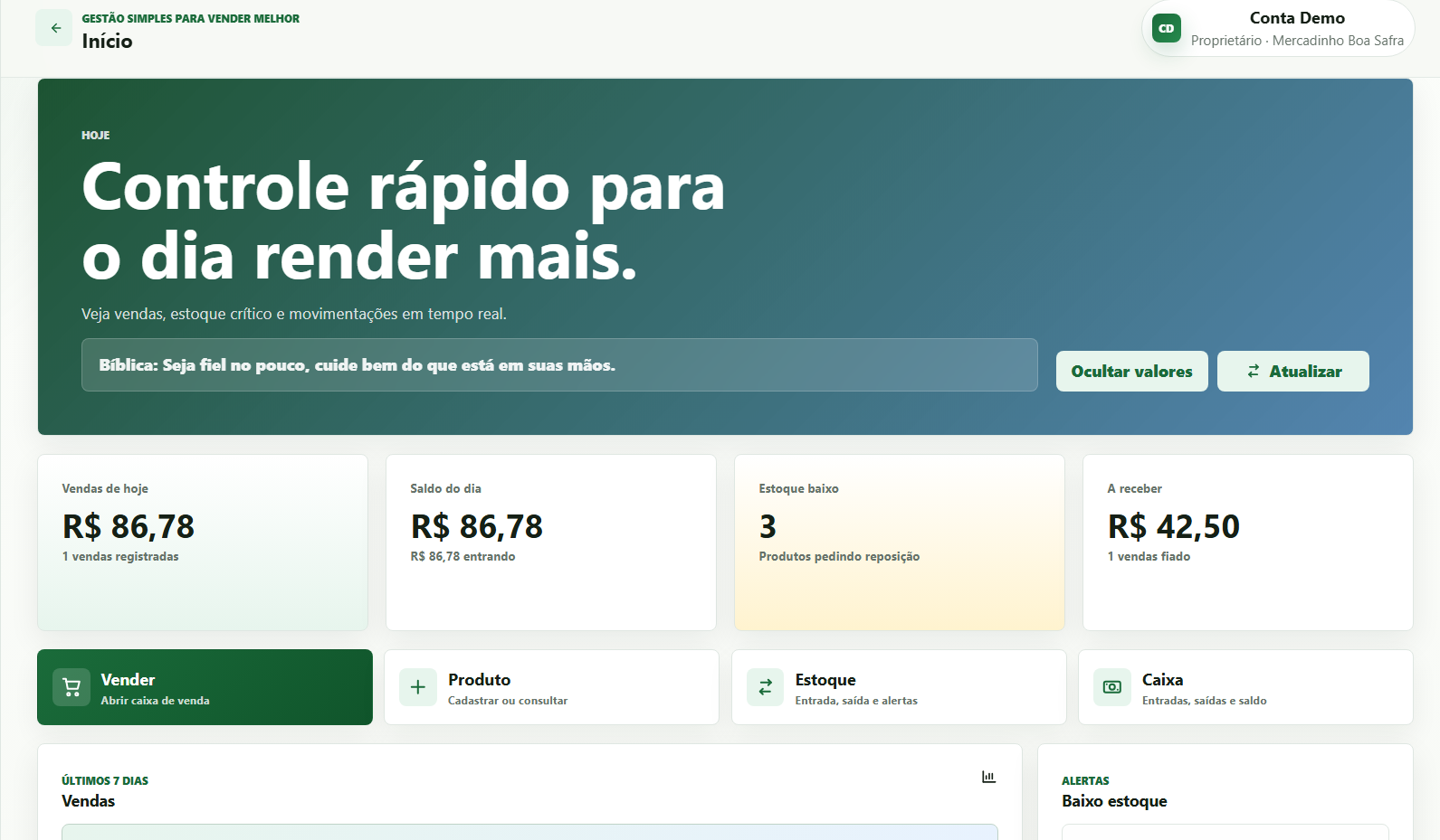 Dashboard real do ESTOQ com resumo de vendas, saldo do dia, estoque baixo e ações rápidas.